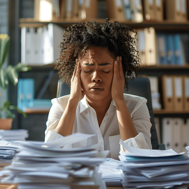 A woman sitting at a desk in an office, looking stressed and overwhelmed, holding her head in her hands with piles of paperwork around her.