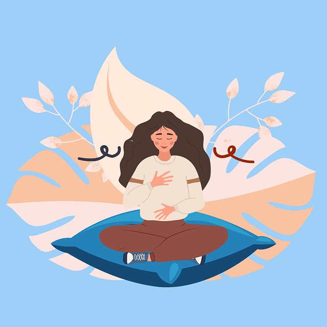 A woman sitting cross-legged on a blue cushion, practicing mindfulness or meditation. breathing exercise