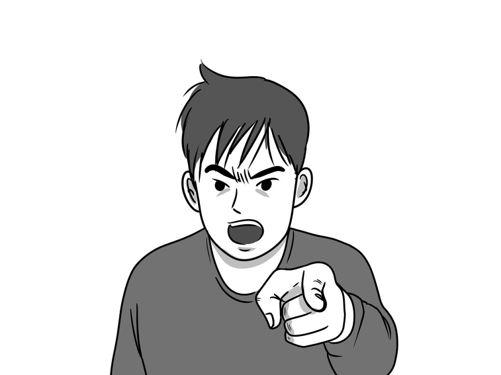 An animated character with short dark hair, shouting and pointing forward with an intense expression.