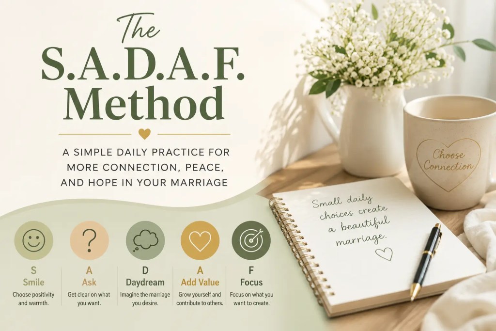 S.A.D.A.F. Method' for improving marriage connection, featuring five key practices: Smile, Ask, Daydream, Add Value, and Focus created by Sadaf Mumtaz  Relationship Coach for Women